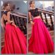 Sexy A Line Open Back Two Piece Hot Pink Taffeta Black Lace Prom Dress