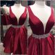 Sexy Ball Plunging Neckline Open Back Short Burgundy Satin Beaded Prom Dress