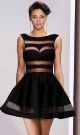 Sexy Bateau Neckline Short Black Satin Tulle Panel See Through Prom Dress