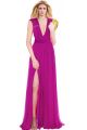 Sexy Deep V Neck High Slit Long Fuchsia Chiffon Prom Dress With Sash