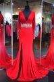 Sexy Deep V Neck Open Back High Slit Long Sleeve Red Jersey Prom Dress