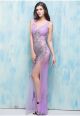Sexy Deep V Neck Sheer See Through Lilac Tulle Silver Lace Special Occsaion Prom Dress