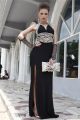 Sexy Front Cut Out Backless High Slit Black Jersey Beaded Evening Prom Dress