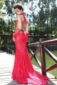 Sexy Halter Backless Cut Out Red Tulle Sequin Evening Prom Dress