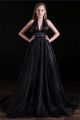 Sexy Halter Empire Waist Black Organza Occasion Prom Dress With Slit