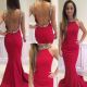 Sexy Mermaid Backless Red Satin Beaded Evening Prom Dress