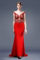 Sexy Mermaid Illusion Neckline Sheer Back Cap Sleeve Red Satin Beaded Evening Dress