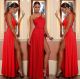 Sexy One Shoulder High Slit Long Red Chiffon Draped Evening Prom Dress With Belt