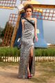 Sexy One Shoulder Side Cut Out High Slit Long Silver Sequin Prom Dress
