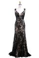 Sexy Plunging Neckline Corset Back Black Lace Beaded Evening Prom Dress With Straps