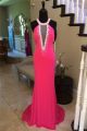 Sexy Plunging Neckline Open Back Long Hot Pink Jersey Beaded Prom Dress