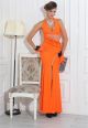 Sexy Sheath Halter High Slit Long Orange Jersey Beaded Evening Prom Dress