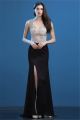 Sexy Sheath V Neck High Slit Black Satin Nude Tulle Beaded Prom Dress With Straps