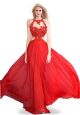 Sexy Side Cut Out Open Back Red Lace Chiffon Flowing Prom Dress