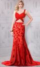 Sexy Side Cut Out Open Back Red Tulle Lace Prom Dress With Straps