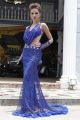 Sexy Side Cutouts Backless Royal Blue Tulle Sequined Evening Dress With Train