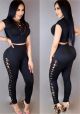 Sexy Two Piece Hollow Out Tie Bodycon Women Leggings Suit