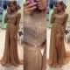 Sexy Two Piece Long Gold Chiffon Beaded Prom Dress With Sleeves