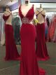 Sexy V Neck Open Back Long Red Jersey Beaded Prom Dress