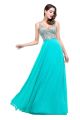 Sexy V Neck Open Back Long Turquoise Chiffon Beaded Prom Dress