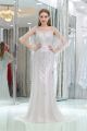 Sheath Bateau Illusion Neckline Silver Tulle Beaded Evening Prom Dress