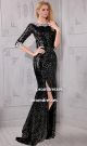 Sheath Bateau Neck High Slit Backless Black Sequin Evening Prom Dress With Sleeves