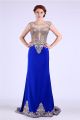 Sheath Bateau Neckline Cap Sleeve Royal Blue Satin Gold Lace Prom Dress