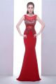 Sheath Bateau Neckline Long Red Jersey Tulle Beaded See Through Prom Dress