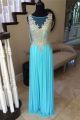 Sheath Bateau Neckline Open Back Long Turquoise Chiffon Gold Lace Prom Dress