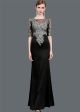 Sheath Boat Neck Half Sleeve Black Satin Silver Lace Beaded Evening Prom Dress