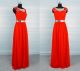 Sheath Boat Neck Sheer Back Long Red Chiffon Lace Evening Prom Dress With Belt