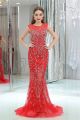 Sheath Cap Sleeve Open Back Long Red Tulle Beaded Sparkly Evening Prom Dress