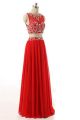 Sheath Cut Out Back Long Red Chiffon Beaded Two Piece Prom Dress
