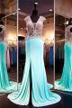 Sheath Deep V Neck Cap Sleeve Mint Green Beaded Prom Dress With Slit