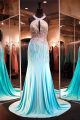 Sheath Halter Cut Out Long Turquoise Rhinestone Beaded Prom Dress