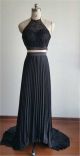 Sheath Halter Open Back Long Black Chiffon Pleated Two Piece Prom Dress