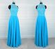 Sheath High Neck Backless Long Blue Lace Chiffon Draped Evening Prom Dress