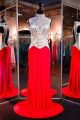 Sheath High Neck Open Back Red Jersey Tulle Beaded Evening Prom Dress
