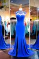 Sheath High Neck Sheer Back Royal Blue Jersey Tulle Beaded Prom Dress With Slit