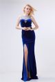 Sheath High Neck Side Slit Royal Blue Velvet Beaded Special Occasion Prom Dress