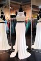 Sheath High Slit Open Back White Jersey Pearl Beaded Two Piece Prom Dress