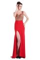 Sheath High Slit Sheer Back Red Jersey Tulle Beaded Prom Dress