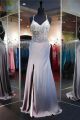 Sheath High Slit Silver Satin Beaded Prom Dress Criss Cross Straps