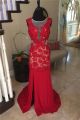 Sheath Illusion Neckline Backless Red Jersey Lace Prom Dress With Slit