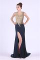 Sheath Illusion Neckline High Slit Navy Blue Jersey Gold Lace Prom Dress