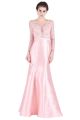 Sheath Illusion Neckline Long Sleeve Pink Taffeta Lace Prom Dress With Sash