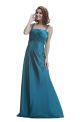 Sheath Long Teal Silk Satin Ruched Evening Prom Dress With Straps
