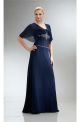 Sheath Navy Blue Chiffon Beaded Mother Of The Bride Evening Dress With Sleeves