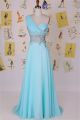 Sheath One Shoulder See Through Back Long Blue Chiffon Beaded Prom Dress