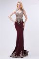 Sheath Queen Anne Neckline Sheer Back Burgundy Satin Applique Prom Dress